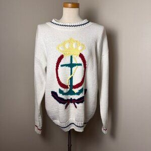 VTG ALLEN SOLLY 100% Cotton Hand Knit Crew Neck Anchor Sweater WHITE / LARGE